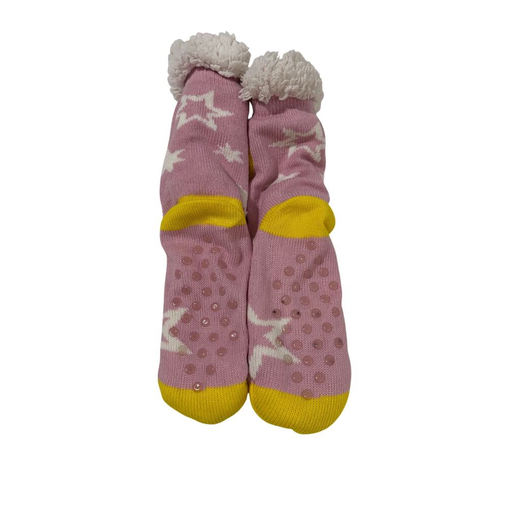 Slipper socks gripper bottom fleece sherpa like lining pink white stars emoji